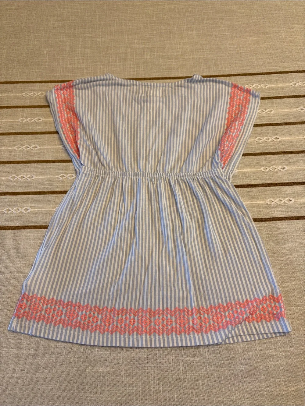 Blue and White Striped Dress with Coral Trim